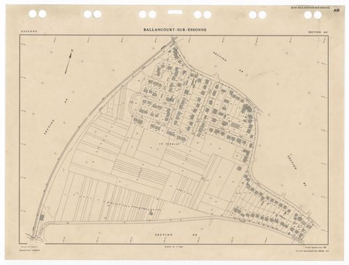 BALLANCOURT, plans minutes de conservation : tableau d'assemblage,1988, Ech. 1/10000 ; plans des sections AA, AB, AD, AN, AO, AP, AR, AS, AT, AV, AW, AX, AY, AZ, BA, BC, BD, 1988, Ech. 1/1000, sections AE, AH, AI, AM, 1988, Ech. 1/2000, sections ZA, ZB, Z