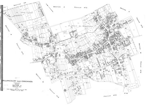 BALLANCOURT. - Cadastre révisé pour 1945 : plan du tableau d'assemblage, plans de la section B le Saussay 1ère feuille, idem 2ème feuille, idem 3ème feuille, section C la Vallée 1ère feuille, idem 2ème feuille ; cadastre révisé pour 1945 mis à jour pour 1