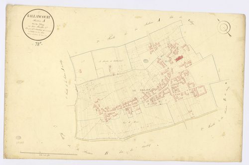 BALLANCOURT-SUR-ESSONNE. - Section A - Village (le), 3, ech. 1/1250, coul., aquarelle, papier, 67x100 (1823). 