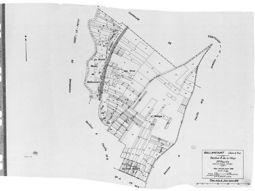 BALLANCOURT. - Cadastre révisé pour 1945 : plan du tableau d'assemblage, plans de la section B le Saussay 1ère feuille, idem 2ème feuille, idem 3ème feuille, section C la Vallée 1ère feuille, idem 2ème feuille ; cadastre révisé pour 1945 mis à jour pour 1