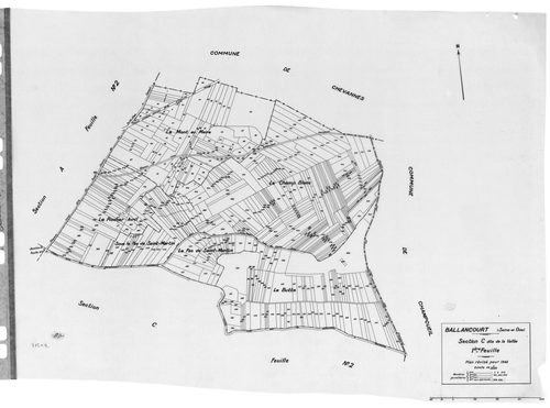 BALLANCOURT. - Cadastre révisé pour 1945 : plan du tableau d'assemblage, plans de la section B le Saussay 1ère feuille, idem 2ème feuille, idem 3ème feuille, section C la Vallée 1ère feuille, idem 2ème feuille ; cadastre révisé pour 1945 mis à jour pour 1
