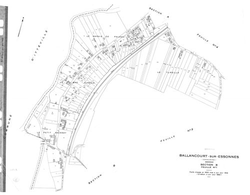 BALLANCOURT. - Cadastre révisé pour 1945 : plan du tableau d'assemblage, plans de la section B le Saussay 1ère feuille, idem 2ème feuille, idem 3ème feuille, section C la Vallée 1ère feuille, idem 2ème feuille ; cadastre révisé pour 1945 mis à jour pour 1