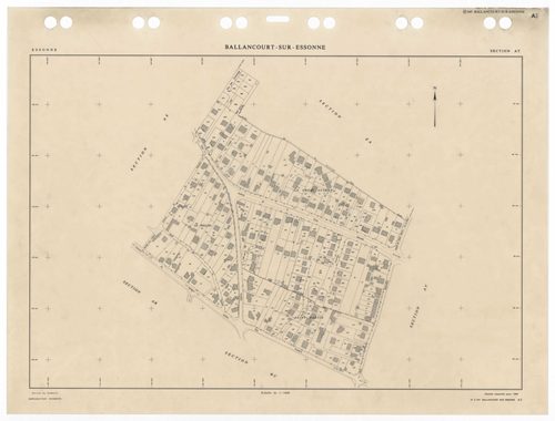 BALLANCOURT, plans minutes de conservation : tableau d'assemblage,1988, Ech. 1/10000 ; plans des sections AA, AB, AD, AN, AO, AP, AR, AS, AT, AV, AW, AX, AY, AZ, BA, BC, BD, 1988, Ech. 1/1000, sections AE, AH, AI, AM, 1988, Ech. 1/2000, sections ZA, ZB, Z