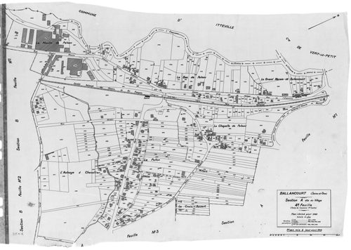 BALLANCOURT. - Cadastre révisé pour 1945 : plan du tableau d'assemblage, plans de la section B le Saussay 1ère feuille, idem 2ème feuille, idem 3ème feuille, section C la Vallée 1ère feuille, idem 2ème feuille ; cadastre révisé pour 1945 mis à jour pour 1
