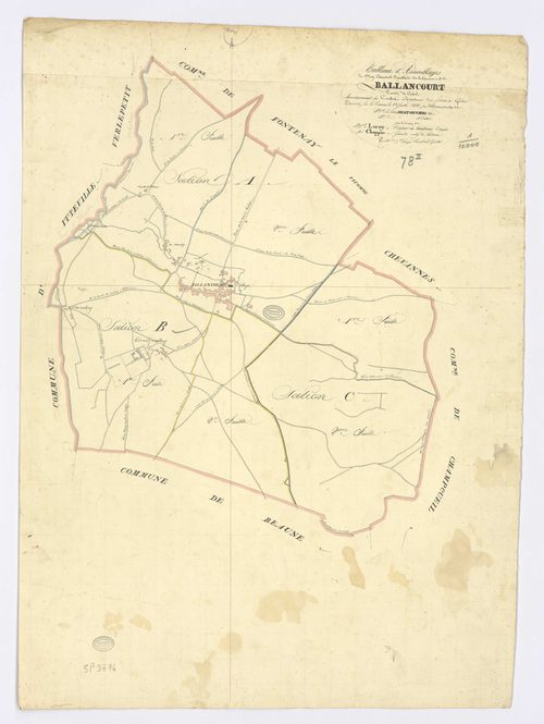 BALLANCOURT-SUR-ESSONNE. - Plan d'assemblage, ech. 1/10000, coul., aquarelle, papier, 70x49 (1823). 
