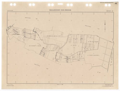 BALLANCOURT, plans minutes de conservation : tableau d'assemblage,1988, Ech. 1/10000 ; plans des sections AA, AB, AD, AN, AO, AP, AR, AS, AT, AV, AW, AX, AY, AZ, BA, BC, BD, 1988, Ech. 1/1000, sections AE, AH, AI, AM, 1988, Ech. 1/2000, sections ZA, ZB, Z