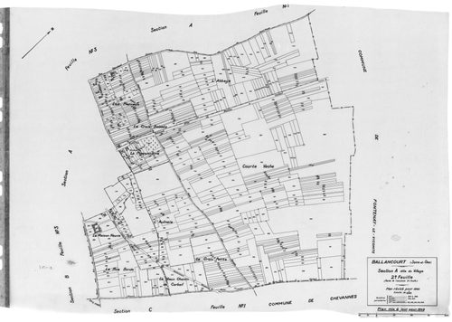 BALLANCOURT. - Cadastre révisé pour 1945 : plan du tableau d'assemblage, plans de la section B le Saussay 1ère feuille, idem 2ème feuille, idem 3ème feuille, section C la Vallée 1ère feuille, idem 2ème feuille ; cadastre révisé pour 1945 mis à jour pour 1