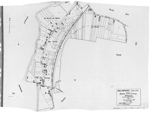 BALLANCOURT. - Cadastre révisé pour 1945 : plan du tableau d'assemblage, plans de la section B le Saussay 1ère feuille, idem 2ème feuille, idem 3ème feuille, section C la Vallée 1ère feuille, idem 2ème feuille ; cadastre révisé pour 1945 mis à jour pour 1