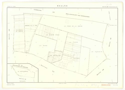 Plans minutes de conservation : BAULNE : tableau d'assemblage n°1, ech. 1/10000 (1960), sections AB, AC, AL, AM, ZE, ZH, ech. 1/1000 (1960), sections AD, AE, AH, AI, AK, ZA, ZB, ZC, ZD, ZI, ech. 1/2000 (1960) ; tableau d'assemblage n°2, ech.1/10000 (1974)