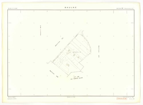 Plans minutes de conservation : BAULNE : tableau d'assemblage n°1, ech. 1/10000 (1960), sections AB, AC, AL, AM, ZE, ZH, ech. 1/1000 (1960), sections AD, AE, AH, AI, AK, ZA, ZB, ZC, ZD, ZI, ech. 1/2000 (1960) ; tableau d'assemblage n°2, ech.1/10000 (1974)