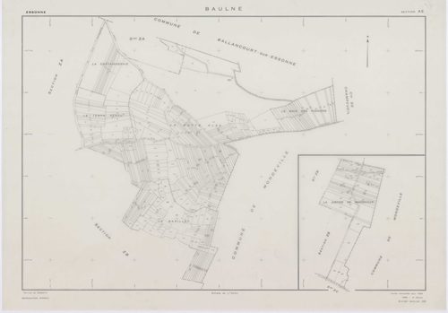 BAULNE, plans minutes de conservation : tableau d'assemblage,1960, Ech. 1/10000 ; plans des sections AB, AC, AL, AM, ZE, ZH, 1960, Ech. 1/1000, sections AD, AE, AH, AI, AK, ZA, ZB, ZC, ZD, 1960, Ech. 1/2000, section ZI, 1974, Ech. 1/2000. Polyester. N et 