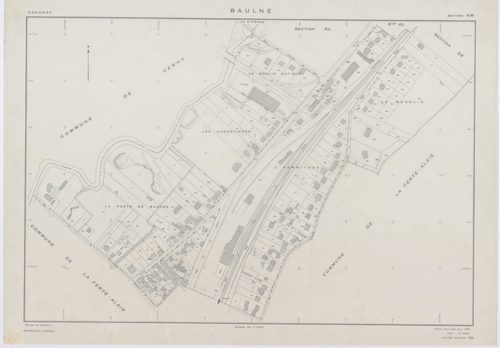 BAULNE, plans minutes de conservation : tableau d'assemblage,1960, Ech. 1/10000 ; plans des sections AB, AC, AL, AM, ZE, ZH, 1960, Ech. 1/1000, sections AD, AE, AH, AI, AK, ZA, ZB, ZC, ZD, 1960, Ech. 1/2000, section ZI, 1974, Ech. 1/2000. Polyester. N et 