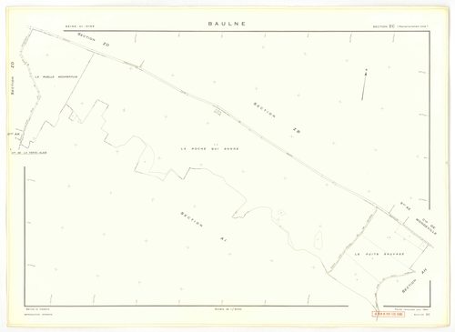 Plans minutes de conservation : BAULNE : tableau d'assemblage n°1, ech. 1/10000 (1960), sections AB, AC, AL, AM, ZE, ZH, ech. 1/1000 (1960), sections AD, AE, AH, AI, AK, ZA, ZB, ZC, ZD, ZI, ech. 1/2000 (1960) ; tableau d'assemblage n°2, ech.1/10000 (1974)