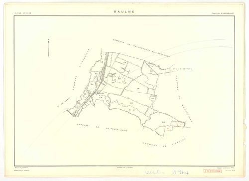 Plans minutes de conservation : BAULNE : tableau d'assemblage n°1, ech. 1/10000 (1960), sections AB, AC, AL, AM, ZE, ZH, ech. 1/1000 (1960), sections AD, AE, AH, AI, AK, ZA, ZB, ZC, ZD, ZI, ech. 1/2000 (1960) ; tableau d'assemblage n°2, ech.1/10000 (1974)