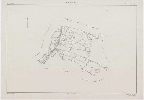 BAULNE, plans minutes de conservation : tableau d'assemblage,1960, Ech. 1/10000 ; plans des sections AB, AC, AL, AM, ZE, ZH, 1960, Ech. 1/1000, sections AD, AE, AH, AI, AK, ZA, ZB, ZC, ZD, 1960, Ech. 1/2000, section ZI, 1974, Ech. 1/2000. Polyester. N et 