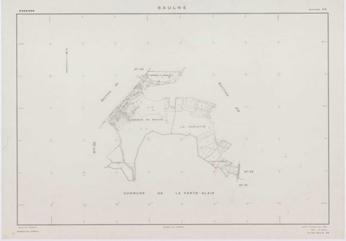 BAULNE, plans minutes de conservation : tableau d'assemblage,1960, Ech. 1/10000 ; plans des sections AB, AC, AL, AM, ZE, ZH, 1960, Ech. 1/1000, sections AD, AE, AH, AI, AK, ZA, ZB, ZC, ZD, 1960, Ech. 1/2000, section ZI, 1974, Ech. 1/2000. Polyester. N et 