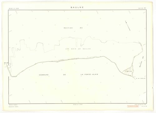 Plans minutes de conservation : BAULNE : tableau d'assemblage n°1, ech. 1/10000 (1960), sections AB, AC, AL, AM, ZE, ZH, ech. 1/1000 (1960), sections AD, AE, AH, AI, AK, ZA, ZB, ZC, ZD, ZI, ech. 1/2000 (1960) ; tableau d'assemblage n°2, ech.1/10000 (1974)