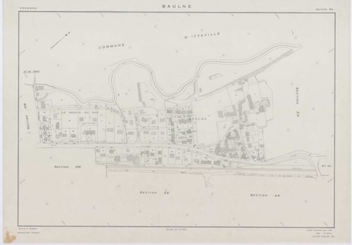 BAULNE, plans minutes de conservation : tableau d'assemblage,1960, Ech. 1/10000 ; plans des sections AB, AC, AL, AM, ZE, ZH, 1960, Ech. 1/1000, sections AD, AE, AH, AI, AK, ZA, ZB, ZC, ZD, 1960, Ech. 1/2000, section ZI, 1974, Ech. 1/2000. Polyester. N et 