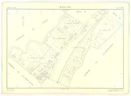 Plans minutes de conservation : BAULNE : tableau d'assemblage n°1, ech. 1/10000 (1960), sections AB, AC, AL, AM, ZE, ZH, ech. 1/1000 (1960), sections AD, AE, AH, AI, AK, ZA, ZB, ZC, ZD, ZI, ech. 1/2000 (1960) ; tableau d'assemblage n°2, ech.1/10000 (1974)
