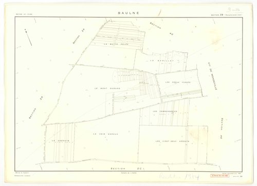 Plans minutes de conservation : BAULNE : tableau d'assemblage n°1, ech. 1/10000 (1960), sections AB, AC, AL, AM, ZE, ZH, ech. 1/1000 (1960), sections AD, AE, AH, AI, AK, ZA, ZB, ZC, ZD, ZI, ech. 1/2000 (1960) ; tableau d'assemblage n°2, ech.1/10000 (1974)