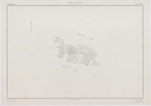 BAULNE, plans minutes de conservation : tableau d'assemblage,1960, Ech. 1/10000 ; plans des sections AB, AC, AL, AM, ZE, ZH, 1960, Ech. 1/1000, sections AD, AE, AH, AI, AK, ZA, ZB, ZC, ZD, 1960, Ech. 1/2000, section ZI, 1974, Ech. 1/2000. Polyester. N et 