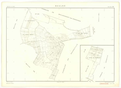 Plans minutes de conservation : BAULNE : tableau d'assemblage n°1, ech. 1/10000 (1960), sections AB, AC, AL, AM, ZE, ZH, ech. 1/1000 (1960), sections AD, AE, AH, AI, AK, ZA, ZB, ZC, ZD, ZI, ech. 1/2000 (1960) ; tableau d'assemblage n°2, ech.1/10000 (1974)