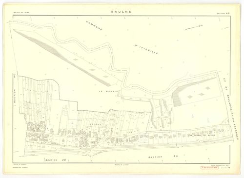 Plans minutes de conservation : BAULNE : tableau d'assemblage n°1, ech. 1/10000 (1960), sections AB, AC, AL, AM, ZE, ZH, ech. 1/1000 (1960), sections AD, AE, AH, AI, AK, ZA, ZB, ZC, ZD, ZI, ech. 1/2000 (1960) ; tableau d'assemblage n°2, ech.1/10000 (1974)