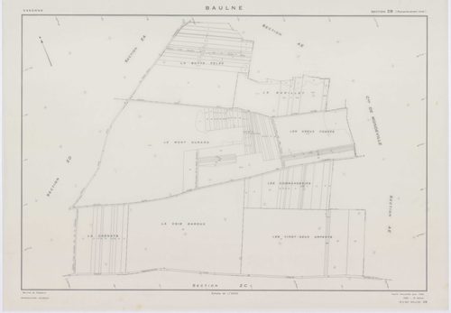 BAULNE, plans minutes de conservation : tableau d'assemblage,1960, Ech. 1/10000 ; plans des sections AB, AC, AL, AM, ZE, ZH, 1960, Ech. 1/1000, sections AD, AE, AH, AI, AK, ZA, ZB, ZC, ZD, 1960, Ech. 1/2000, section ZI, 1974, Ech. 1/2000. Polyester. N et 