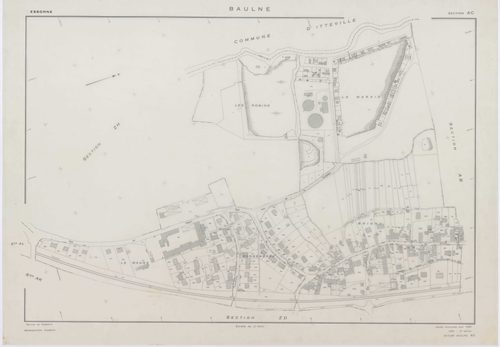 BAULNE, plans minutes de conservation : tableau d'assemblage,1960, Ech. 1/10000 ; plans des sections AB, AC, AL, AM, ZE, ZH, 1960, Ech. 1/1000, sections AD, AE, AH, AI, AK, ZA, ZB, ZC, ZD, 1960, Ech. 1/2000, section ZI, 1974, Ech. 1/2000. Polyester. N et 