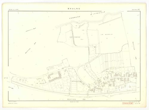 Plans minutes de conservation : BAULNE : tableau d'assemblage n°1, ech. 1/10000 (1960), sections AB, AC, AL, AM, ZE, ZH, ech. 1/1000 (1960), sections AD, AE, AH, AI, AK, ZA, ZB, ZC, ZD, ZI, ech. 1/2000 (1960) ; tableau d'assemblage n°2, ech.1/10000 (1974)