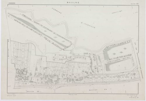 BAULNE, plans minutes de conservation : tableau d'assemblage,1960, Ech. 1/10000 ; plans des sections AB, AC, AL, AM, ZE, ZH, 1960, Ech. 1/1000, sections AD, AE, AH, AI, AK, ZA, ZB, ZC, ZD, 1960, Ech. 1/2000, section ZI, 1974, Ech. 1/2000. Polyester. N et 