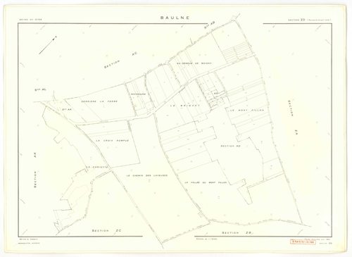 Plans minutes de conservation : BAULNE : tableau d'assemblage n°1, ech. 1/10000 (1960), sections AB, AC, AL, AM, ZE, ZH, ech. 1/1000 (1960), sections AD, AE, AH, AI, AK, ZA, ZB, ZC, ZD, ZI, ech. 1/2000 (1960) ; tableau d'assemblage n°2, ech.1/10000 (1974)