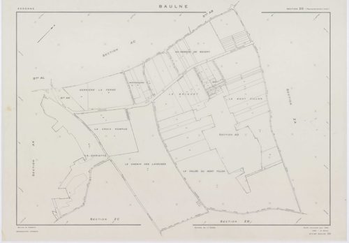 BAULNE, plans minutes de conservation : tableau d'assemblage,1960, Ech. 1/10000 ; plans des sections AB, AC, AL, AM, ZE, ZH, 1960, Ech. 1/1000, sections AD, AE, AH, AI, AK, ZA, ZB, ZC, ZD, 1960, Ech. 1/2000, section ZI, 1974, Ech. 1/2000. Polyester. N et 
