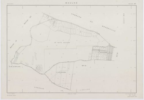 BAULNE, plans minutes de conservation : tableau d'assemblage,1960, Ech. 1/10000 ; plans des sections AB, AC, AL, AM, ZE, ZH, 1960, Ech. 1/1000, sections AD, AE, AH, AI, AK, ZA, ZB, ZC, ZD, 1960, Ech. 1/2000, section ZI, 1974, Ech. 1/2000. Polyester. N et 