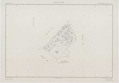 BAULNE, plans minutes de conservation : tableau d'assemblage,1960, Ech. 1/10000 ; plans des sections AB, AC, AL, AM, ZE, ZH, 1960, Ech. 1/1000, sections AD, AE, AH, AI, AK, ZA, ZB, ZC, ZD, 1960, Ech. 1/2000, section ZI, 1974, Ech. 1/2000. Polyester. N et 