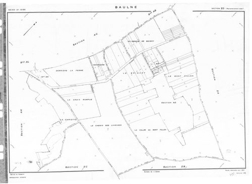 BAULNE. - Cadastre révisé pour 1960 : plan du tableau d'assemblage, plans de la section AH, section ZA, section ZB, section ZD, [5 plans]. 