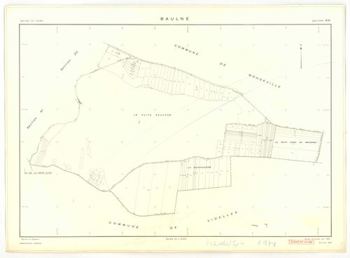 Plans minutes de conservation : BAULNE : tableau d'assemblage n°1, ech. 1/10000 (1960), sections AB, AC, AL, AM, ZE, ZH, ech. 1/1000 (1960), sections AD, AE, AH, AI, AK, ZA, ZB, ZC, ZD, ZI, ech. 1/2000 (1960) ; tableau d'assemblage n°2, ech.1/10000 (1974)