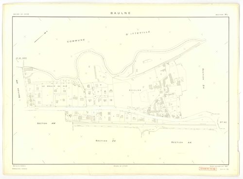 Plans minutes de conservation : BAULNE : tableau d'assemblage n°1, ech. 1/10000 (1960), sections AB, AC, AL, AM, ZE, ZH, ech. 1/1000 (1960), sections AD, AE, AH, AI, AK, ZA, ZB, ZC, ZD, ZI, ech. 1/2000 (1960) ; tableau d'assemblage n°2, ech.1/10000 (1974)