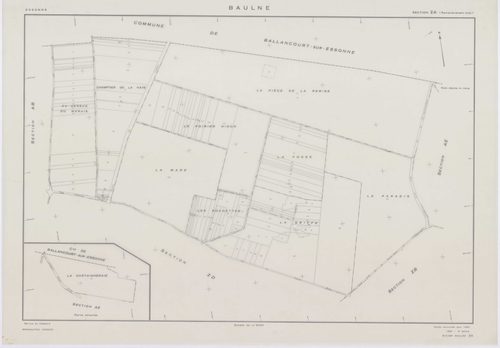 BAULNE, plans minutes de conservation : tableau d'assemblage,1960, Ech. 1/10000 ; plans des sections AB, AC, AL, AM, ZE, ZH, 1960, Ech. 1/1000, sections AD, AE, AH, AI, AK, ZA, ZB, ZC, ZD, 1960, Ech. 1/2000, section ZI, 1974, Ech. 1/2000. Polyester. N et 