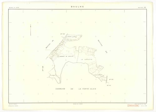 Plans minutes de conservation : BAULNE : tableau d'assemblage n°1, ech. 1/10000 (1960), sections AB, AC, AL, AM, ZE, ZH, ech. 1/1000 (1960), sections AD, AE, AH, AI, AK, ZA, ZB, ZC, ZD, ZI, ech. 1/2000 (1960) ; tableau d'assemblage n°2, ech.1/10000 (1974)