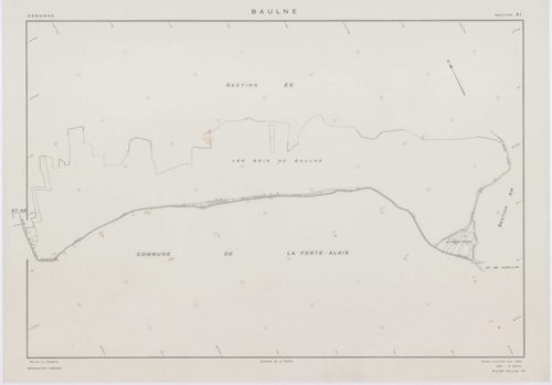 BAULNE, plans minutes de conservation : tableau d'assemblage,1960, Ech. 1/10000 ; plans des sections AB, AC, AL, AM, ZE, ZH, 1960, Ech. 1/1000, sections AD, AE, AH, AI, AK, ZA, ZB, ZC, ZD, 1960, Ech. 1/2000, section ZI, 1974, Ech. 1/2000. Polyester. N et 