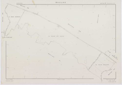 BAULNE, plans minutes de conservation : tableau d'assemblage,1960, Ech. 1/10000 ; plans des sections AB, AC, AL, AM, ZE, ZH, 1960, Ech. 1/1000, sections AD, AE, AH, AI, AK, ZA, ZB, ZC, ZD, 1960, Ech. 1/2000, section ZI, 1974, Ech. 1/2000. Polyester. N et 
