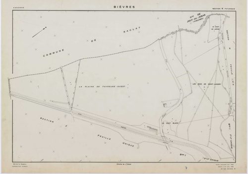 BIEVRES, plans minutes de conservation : tableau d'assemblage,1954, Ech. 1/10000 ; plans des sections A, B, I, J, K, N, 1954, Ech. 1/2000, sections C1, C2, D, E, F, G, H, L1, L2, M1, M2, 1954, Ech. 1/1000. Polyester. N et B. Dim. 105 x 80 cm [18 plans]. 