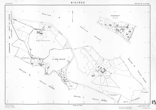 BIEVRES. - Cadastre établi pour 1954, à jour pour 1975 (2ème édition) : plan du tableau d'assemblage ; feuille refaite pour 1954, à jour pour 1979 (3ème, 4ème édition) : plans des sections A-N. [15 plans]. 