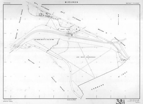 BIEVRES. - Plan établi pour 1954, à jour pour 1975 (2ème, 3ème édition) : plans du tableau d'assemblage, des sections A-N. [15 plans]. 
