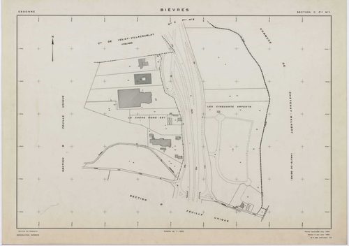 BIEVRES, plans minutes de conservation : tableau d'assemblage,1954, Ech. 1/10000 ; plans des sections A, B, I, J, K, N, 1954, Ech. 1/2000, sections C1, C2, D, E, F, G, H, L1, L2, M1, M2, 1954, Ech. 1/1000. Polyester. N et B. Dim. 105 x 80 cm [18 plans]. 