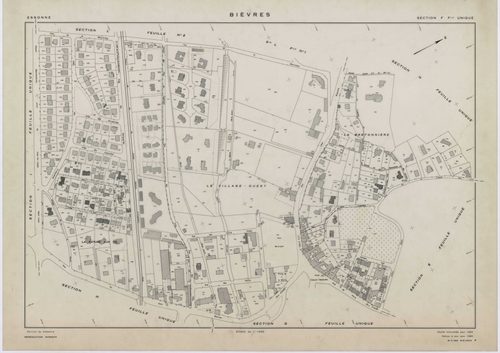 BIEVRES, plans minutes de conservation : tableau d'assemblage,1954, Ech. 1/10000 ; plans des sections A, B, I, J, K, N, 1954, Ech. 1/2000, sections C1, C2, D, E, F, G, H, L1, L2, M1, M2, 1954, Ech. 1/1000. Polyester. N et B. Dim. 105 x 80 cm [18 plans]. 