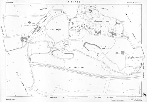 BIEVRES. - Cadastre établi pour 1954, à jour pour 1975 (2ème édition) : plan du tableau d'assemblage ; feuille refaite pour 1954, à jour pour 1979 (3ème, 4ème édition) : plans des sections A-N. [15 plans]. 