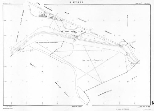BIEVRES. - Cadastre établi pour 1954, à jour pour 1975 (2ème édition) : plan du tableau d'assemblage ; feuille refaite pour 1954, à jour pour 1979 (3ème, 4ème édition) : plans des sections A-N. [15 plans]. 