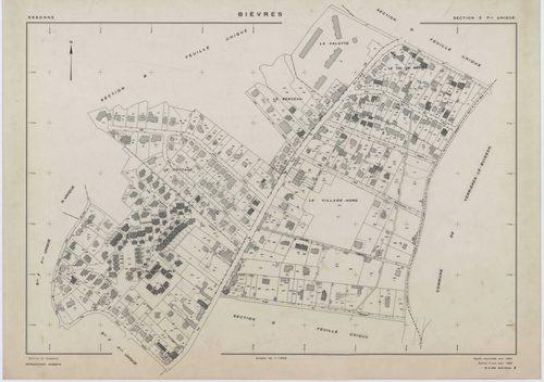BIEVRES, plans minutes de conservation : tableau d'assemblage,1954, Ech. 1/10000 ; plans des sections A, B, I, J, K, N, 1954, Ech. 1/2000, sections C1, C2, D, E, F, G, H, L1, L2, M1, M2, 1954, Ech. 1/1000. Polyester. N et B. Dim. 105 x 80 cm [18 plans]. 